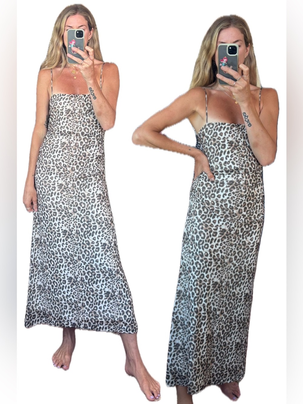WAYF Leopard Print Ruched Adjustable Spaghetti Strap Maxi Dress Lined Mesh